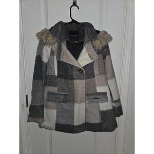 Maurices Womens Gray Plaid Faux Fur Trim Hooded Pea Coat Jacket Size Medium